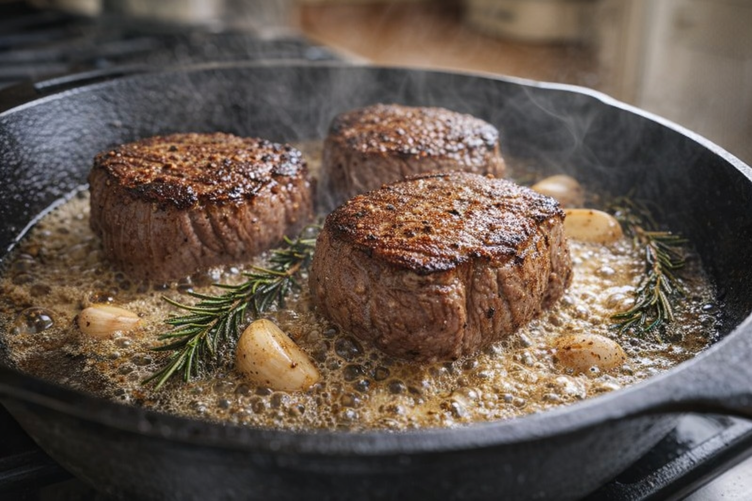 Filet mignon steaks searing in a hot cast iron skillet with butter, garlic, and rosemary, close-up shot, golden brown crust, bubbling butter